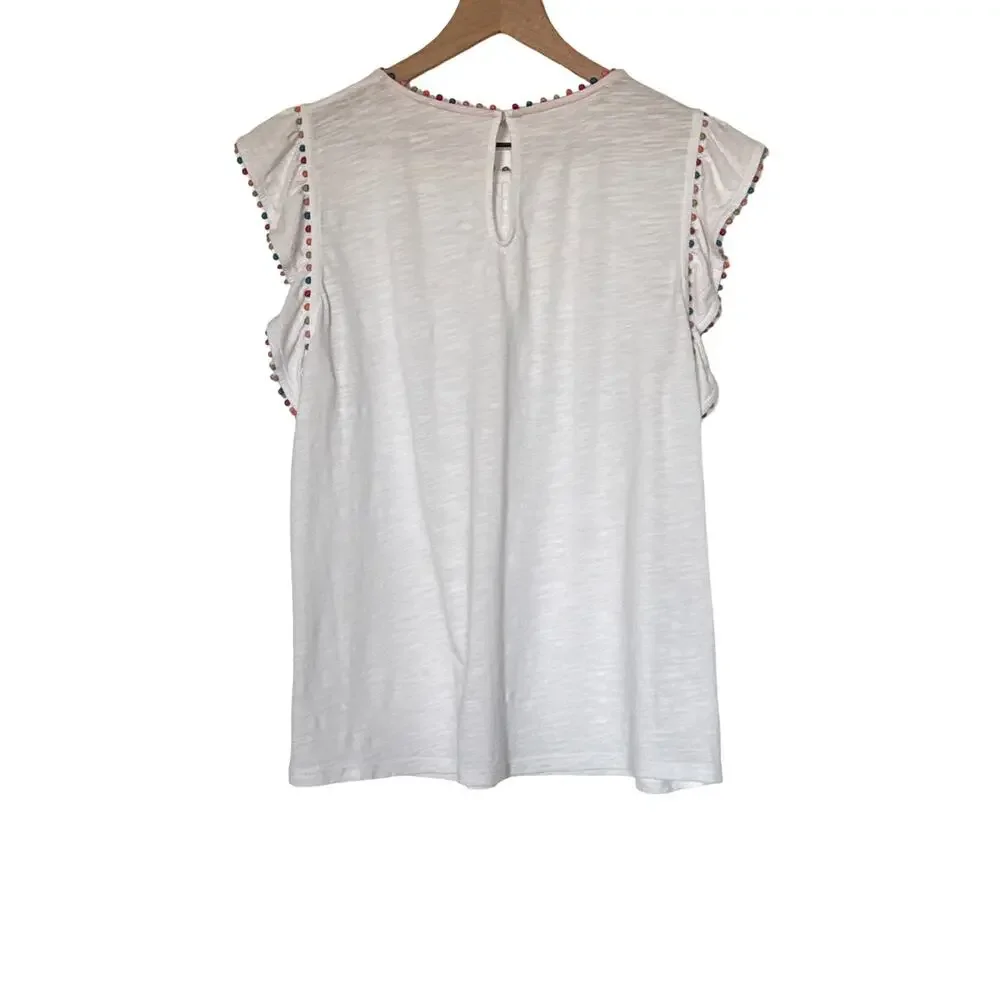 Boden White Pom Trim Ruffle Sleeve Cotton Top Size US 10 - Picture 4 of 9